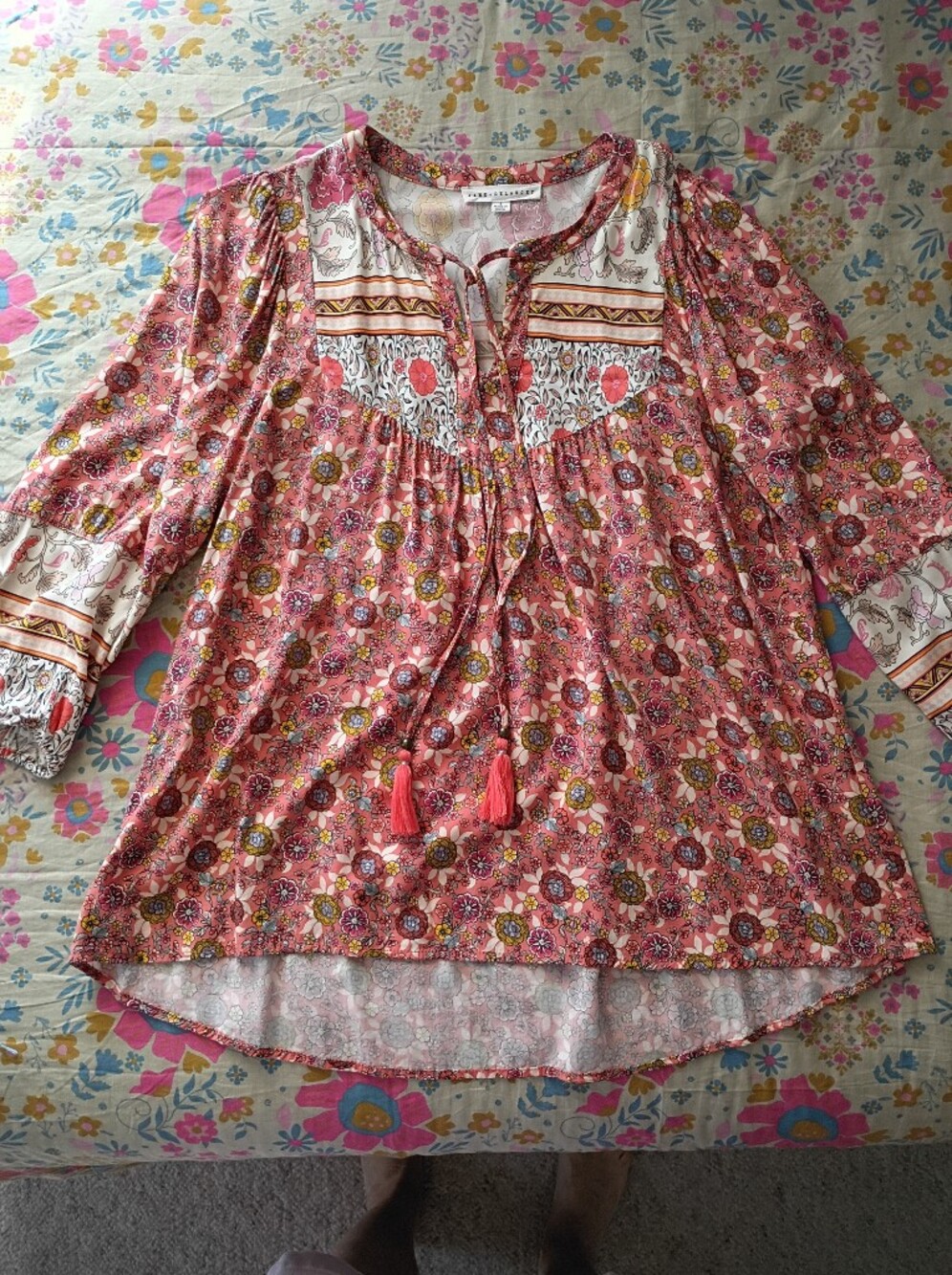 Anthropologie/Jane and Delancey Coral Floral Boho Tie-Neck Peasant Tunic